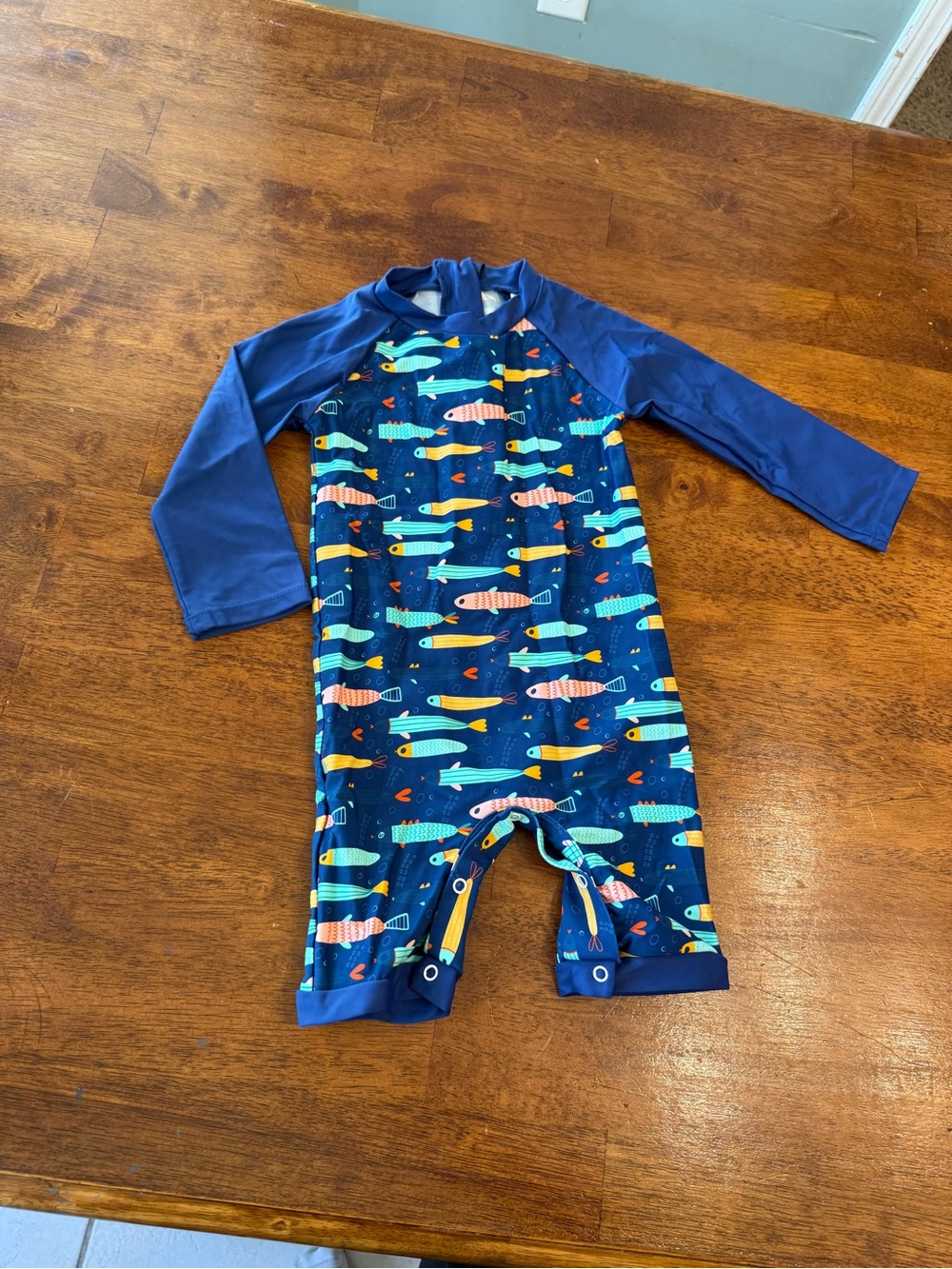 Kids Long-Sleeve One-Piece Swimsuit - Blue Fish Print size 2T button bottom